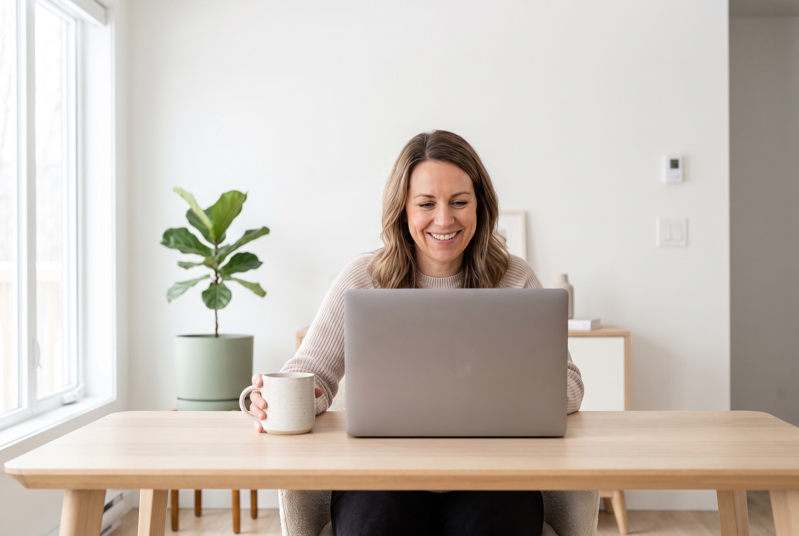 Eine Beraterin sitzt entspannt mit Kaffee am Fenster, während ihr Webinar auf dem Laptop läuft